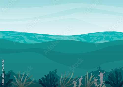 Garbage polluted ocean. Cartoon nature scenery with sea surface water and underwater. Global ecological problem
