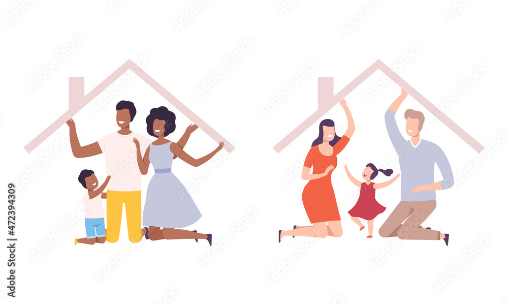 Happy Family with Father, Mother and Little Kids Under Home Roof Protection Vector Set Happy Family with Father, Mother and Little Kids Under Home Roof Protection Vector Set