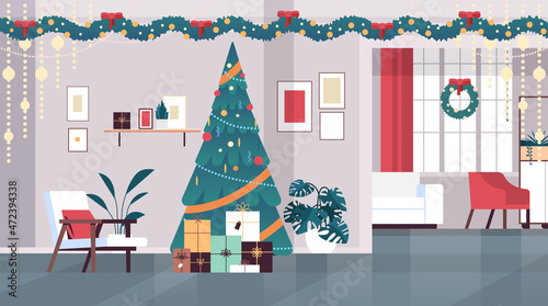 cozy new year holiday decorated living room interior with christmas tree and gifts horizontal