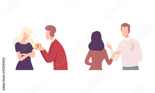 Couple Trying to Save Love and Feelings Talking and Giving Gift Vector Set
