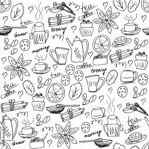 doodle hand-drawn seamless coffee and tea set isolated on a white background: a cup of hot coffee or tea from a teapot with honey and sugar with cookies and mint with cinnamon.