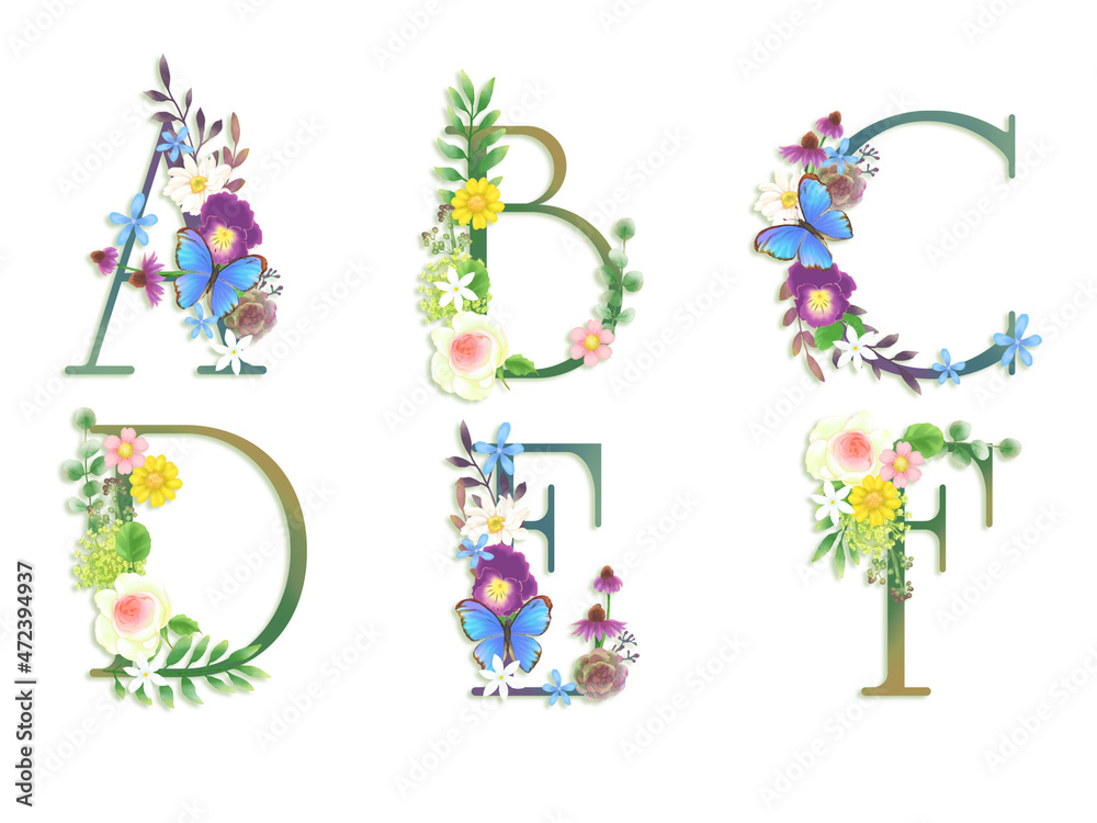 花文字大文字アルファベットセットA～F（白背景）