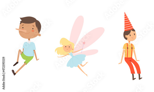 Fotografia Fairytale Character with Wooden Pinocchio and Fairy with Magic Wand Vector Set