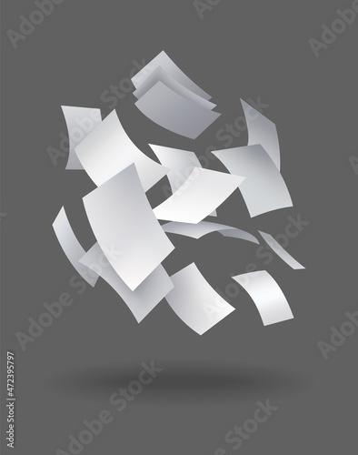 Realistic falling paper sheets. Set of flying curved leaves of paper. Vector loose soar of notes with curled edges. Fly scattered notes, empty chaotic paperwork