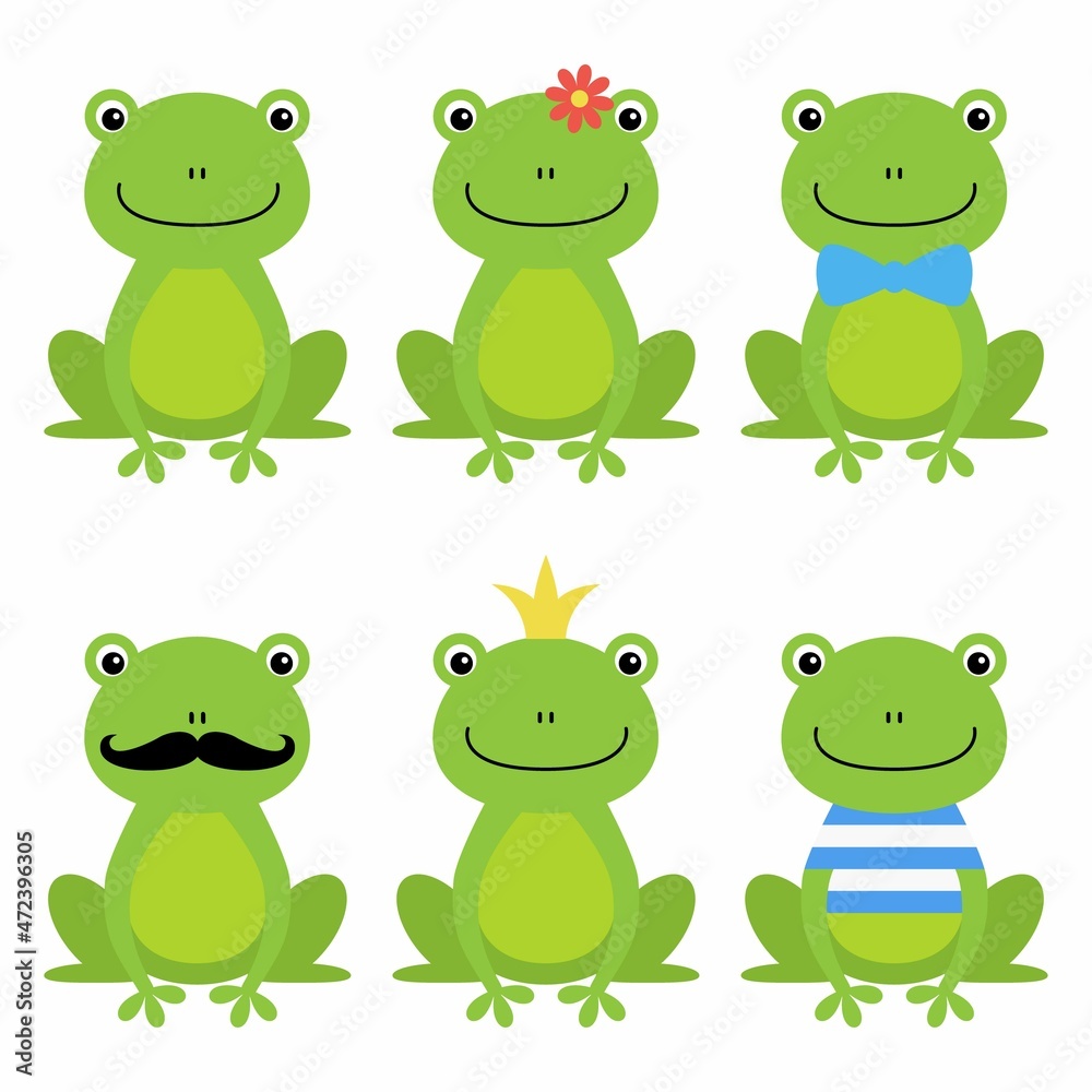 Cute green frog with flower, crown, bow, mustache cartoon character isolated on white background Cute green frog with flower, crown, bow, mustache cartoon character isolated on white background