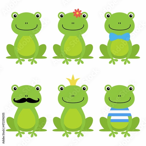 Cute green frog with flower, crown, bow, mustache cartoon character isolated on white background © YuliaR