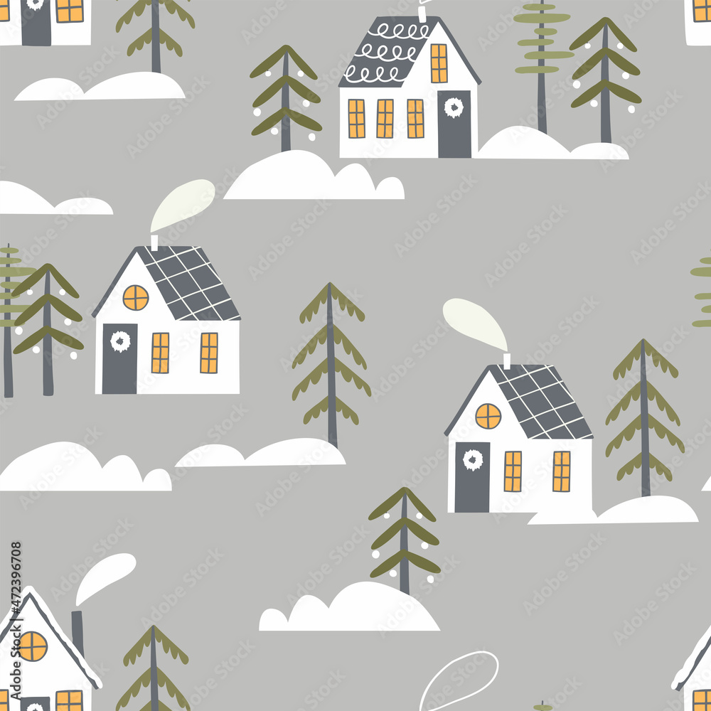 flat pattern with winter houses, fir trees, snow drifts. design for fabric, wrapping paper, background.