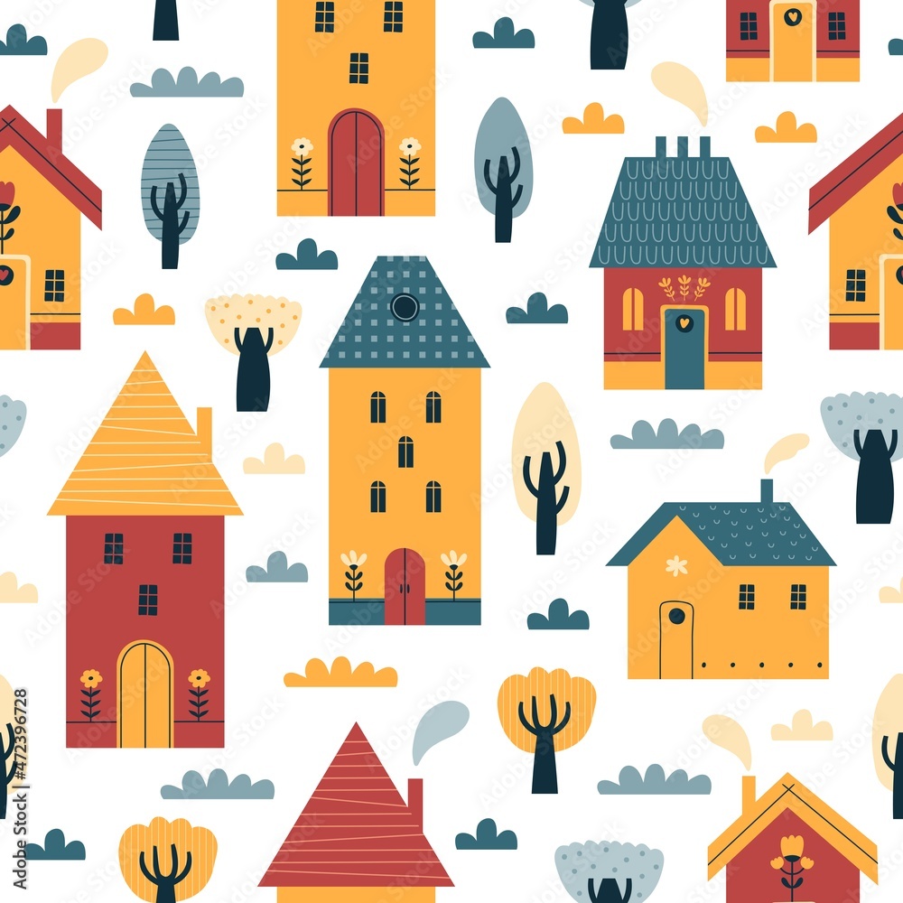 Urban landscape with cute tiny houses seamless pattern. Cityscape abstract background with scandi houses, small buildings, trees and shrubs in Scandinavian style. Colored vector illustration