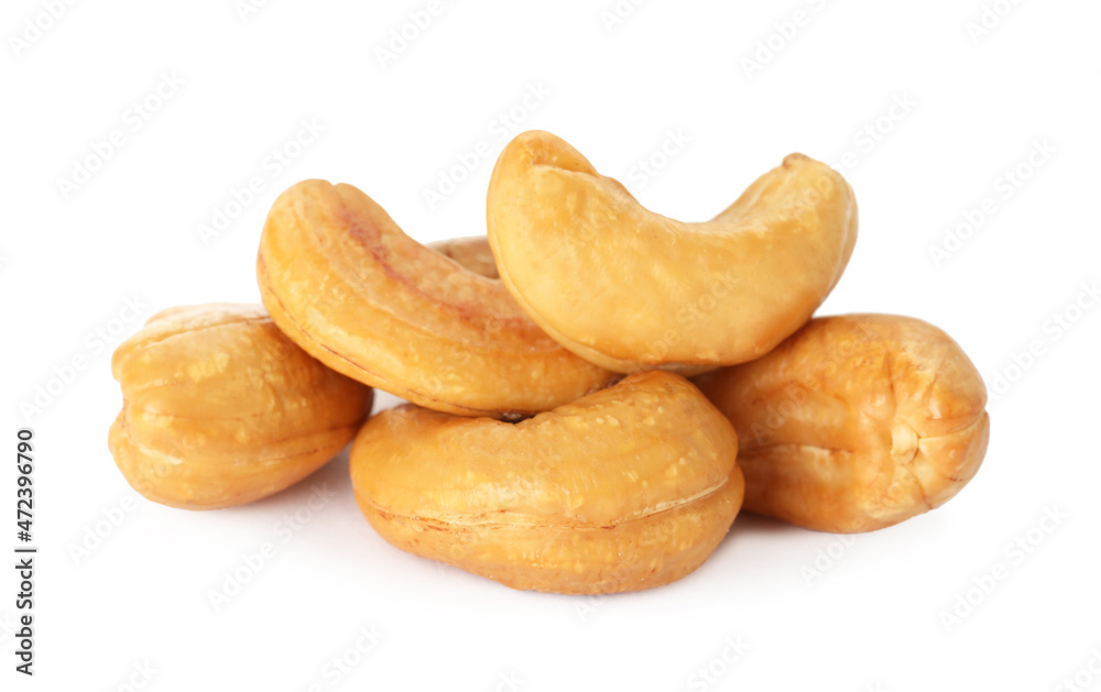 Pile of tasty organic cashew nuts isolated on white