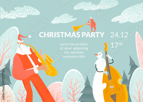 Christmas party illustration with funny Santa, snowman and squirrel. Vector invitation card template