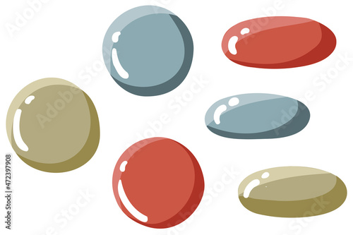 Simple minimalistic flat illustration of top and side view of three sweet dragee or multicolored pills