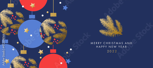 Merry Christmas and Happy New Year greeting card, banner, poster, holiday cover. Elegant Xmas design in blue, red and gold colors with hand drawn pine branches, Christmas balls, snow and star confetti