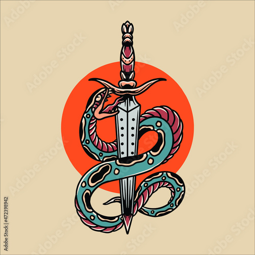 snake and sword tattoo vector design