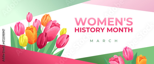 Women's History Month. Vector banner, poster, flyer, greeting card for social media with the text Women s History Month, march. Beautiful bouquet of tulips on white background. Concept for women.