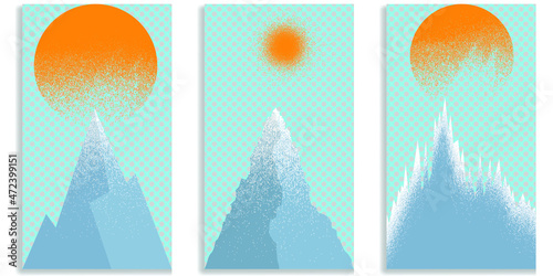 Social media editable covers with grainy effects . Snowed mountain peaks in sunset .Grunge design . Contemporary style . Post frame stories templates. Layout for promotion .Media banner .Vector