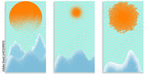 Social media editable covers with grainy effects . Snowed mountain peaks in sunset .Grunge design . Contemporary style . Post frame stories templates. Layout for promotion .Media banner .Vector