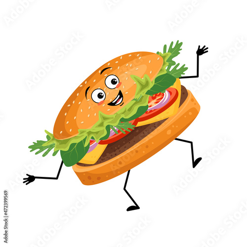 Cute character hamburger with happy emotions, face, smile, eyes, arms and legs. Cheerful fast food person, sandwich with joyful expression. Vector flat illustration of products and meat meals