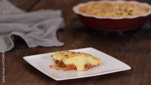 Shepherd's pie, traditional British dish with minced meat, vegetables and mashed potatoes.