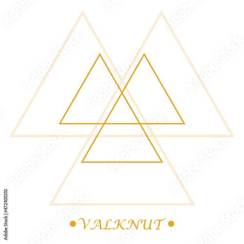 Valknut sign. Scandinavian amulet, symbol god Odin in golden color on white background. Line art. Isolated pagan vector. Nordic tattoos. Vector illustration