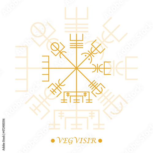 Vegvisir symbol, runic compass. Nordic viking compass in golden color on white background. Line art. Icelandic magical staves. Isolated pagan vector. Nordic tattoos. Vector illustration