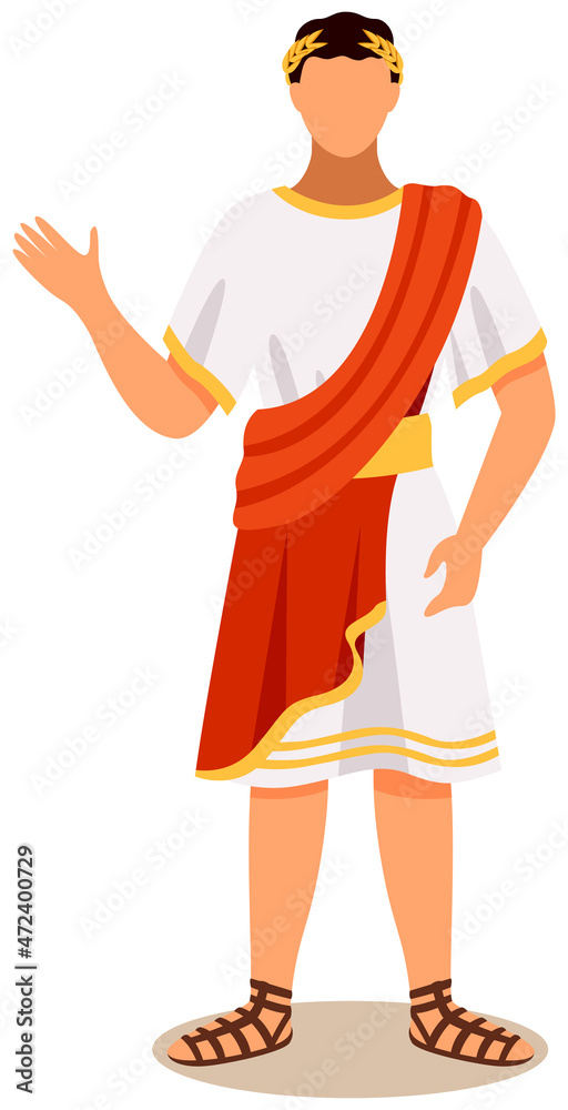 Man dressed as roman emperor wearing white tunic draped with red cape ...
