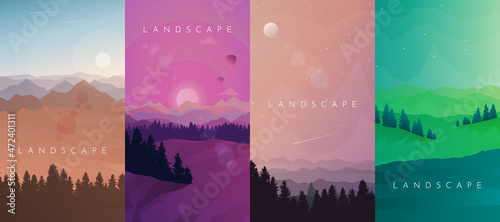 Mountain landscapes set. Travel flyers,  backgrounds, booklets. Adventure, hiking, camping, vacation. Abstract landscape. Vector banner. Polygonal landscape illustration. Minimalist style. Flat design