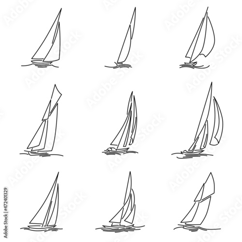 Set of simple vector images of sailing yachts with triangular sails on waves drawn in line style.