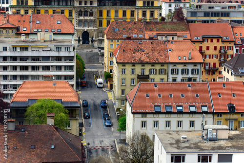 Aerial view of La Chaux-de-Fonds city, UNESCO World Heritage, centre of the watch making industry in the area known as Watch Valley, famous also for its urban concept, Neuchâtel, Switzerland photo