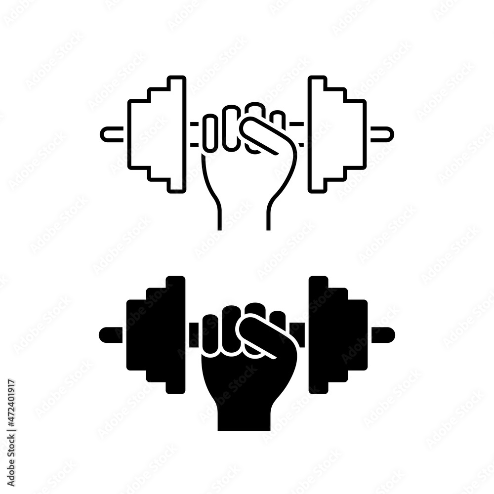 Hand holding dumbbell icon vector illustration set. Gym sport fitness equipment pictogram on white background Hand holding dumbbell icon vector illustration set. Gym sport fitness equipment pictogram on white background