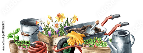Fotografija Garden tools, garden center concept, Hand drawn watercolor illustration, isolate