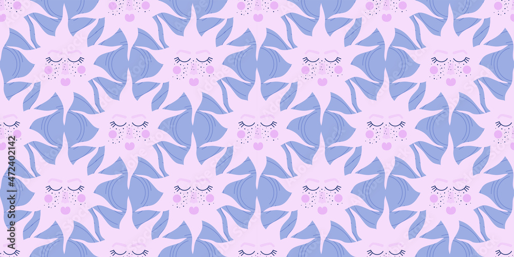 Mystical background with the face of the sun.Magic astrology and the starry sky. Vector illustration for baby textiles. Seamless pattern for kids.