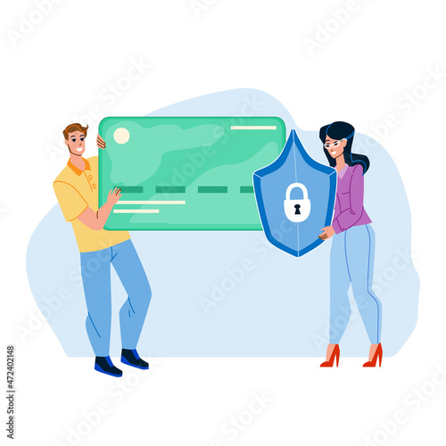 Secure Shopping And Bank Card Information Vector. Customers Secure Shopping And Money Digital Protective Payment. Characters Financial Transaction Protection Flat Cartoon Illustration