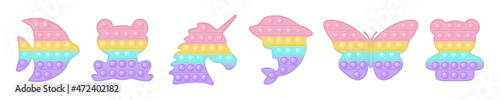 Set of animal forms pop it a trendy pastel rainbow fidget toys. Addictive anti stress toy in pastel colors. Bubble sensory developing popit for kids. Vector illustration isolated on a white background