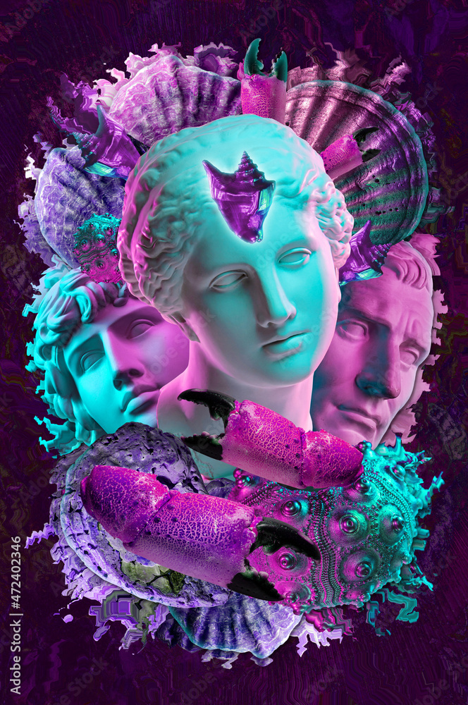 Modern creative image with ancient statue head and sea shells. Collage with sculpture faces and seashells in surreal style. Contemporary art poster. Wallpaper mockup template design. Marine mythology.