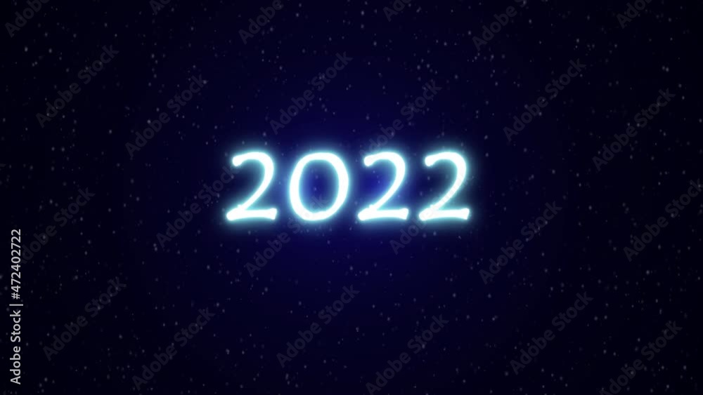 2022. Neon Happy New Year text on a blue background. The movement of falling snow 2022. Neon Happy New Year text on a blue background. The movement of falling snow