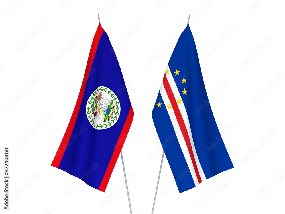 National fabric flags of Republic of Cabo Verde and Belize isolated on white background. 3d rendering illustration.