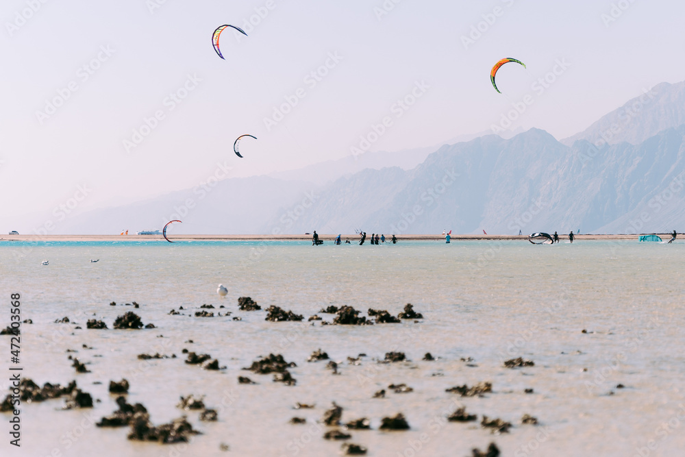 Kitesurfers In Shallow Lagoon Near Dahab In Egypt