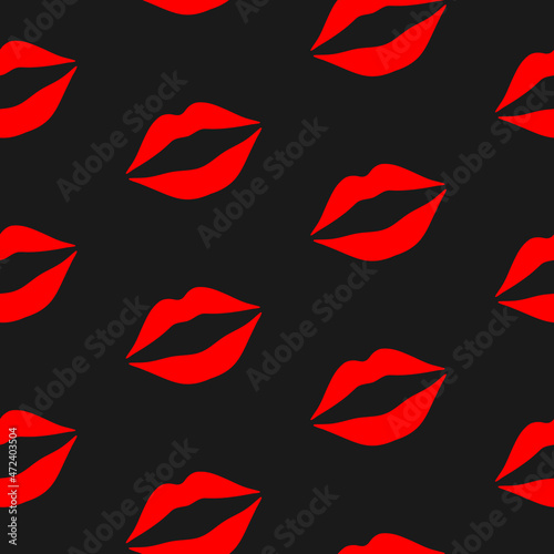 Red kissing lips on black background seamless pattern. Best for textile, print, wrapping paper, package and festive decoration.
