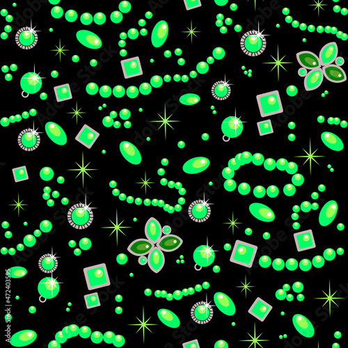 Vector seamless pattern with beautiful green uranium glass beads, glowing in ultraviolet light on a black background. Radioactive beads. Perfect for textile, wallpapers, wrapping and packaging.  