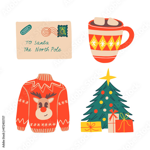 Christmas design elements  vector. Set of New Year decorative concepts with X-mas tree  sweater  cup of hot chocolate and letter to Santa. Perfect for scrapbooking  greeting card  stickers. Hand drawn
