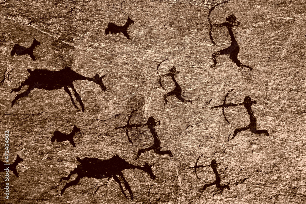 photo-art-print-cave-art-seamless-pattern-made-of-ancient-wild-animals-horses-and-hunters-maxim-chuev
