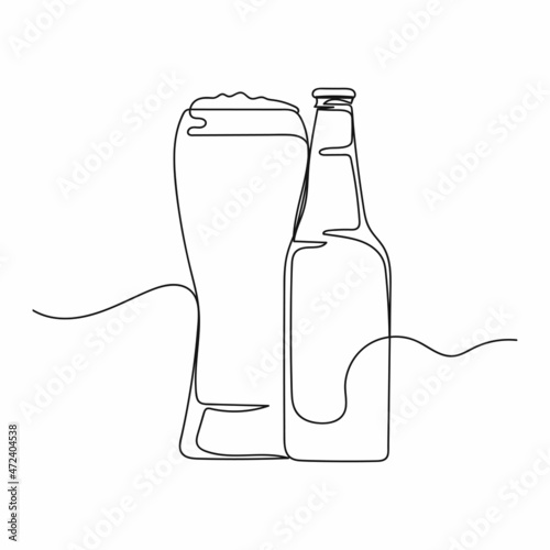Vector abstract continuous one single simple line drawing icon of beer bottle and glass with beer in silhouette sketch.