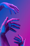Hands in a surreal style in violet blue neon colors. Modern psychedelic creative element with human palm for posters, banners, wallpaper. Copy space for text. Magazine style template. Pop art culture.