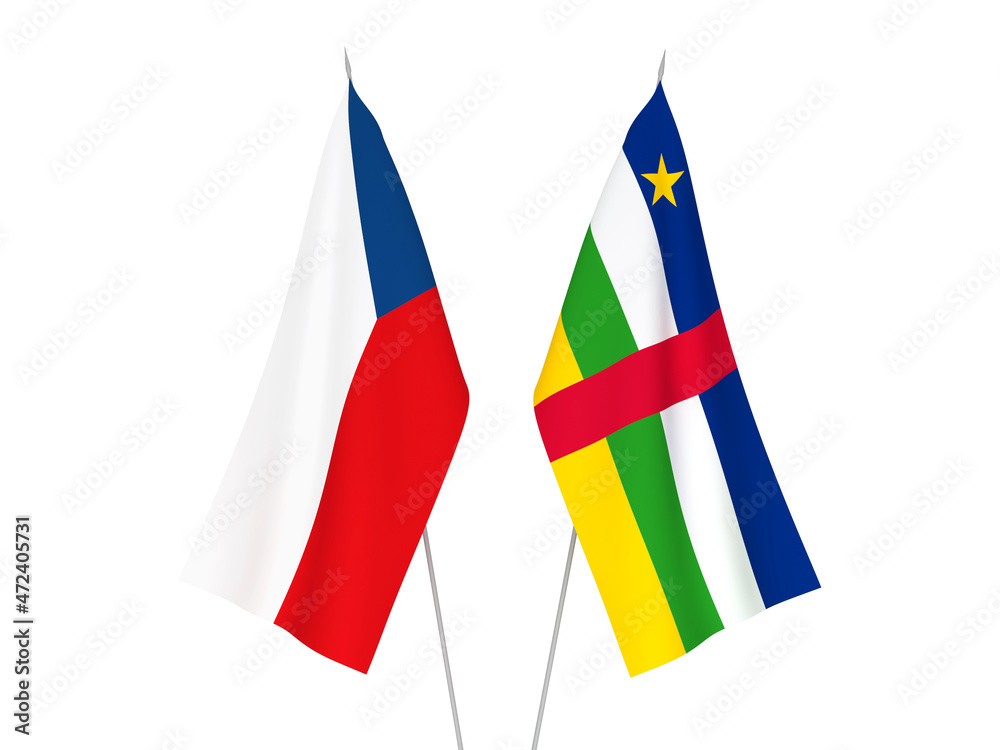National fabric flags of Central African Republic and Czech Republic isolated on white background. 3d rendering illustration.