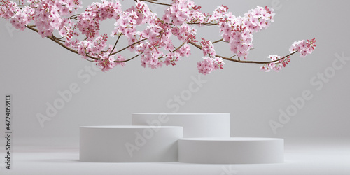 Cosmetic background. japanese style podium and cherry blossom white background for product presentation. 3d rendering illustration. photo