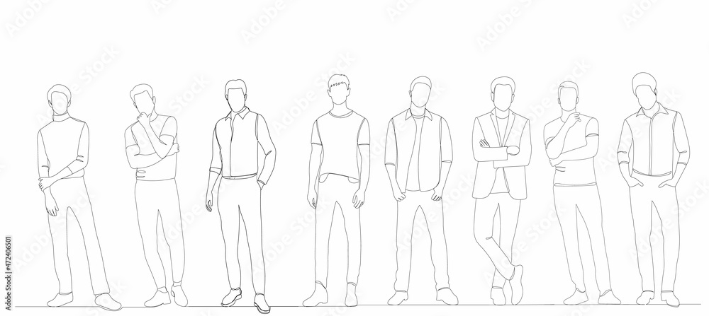 men stand one continuous line drawing, vector, isolated men stand one continuous line drawing, vector, isolated