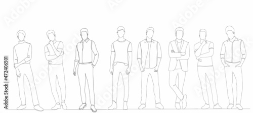 men stand one continuous line drawing, vector, isolated