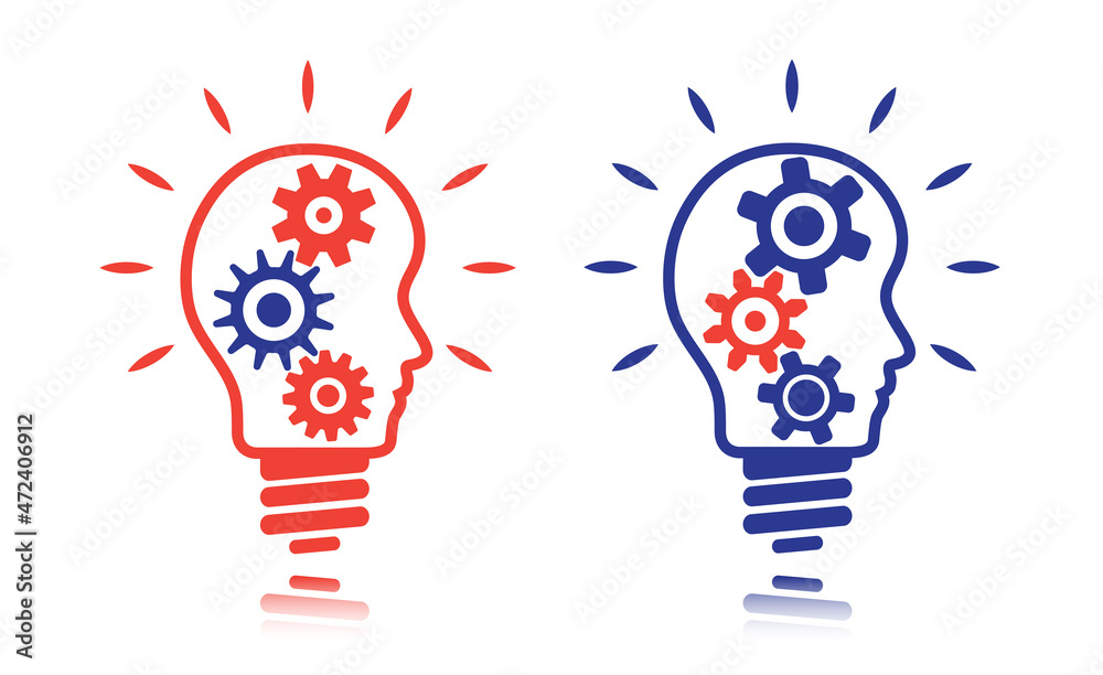 Head shaped lightbulb set illustration on white background. Blue, red colored business bulb design with gear wheels. Business concept bulb to use in idea, teamwork, innovation, startegy projects.
Head shaped lightbulb set illustration on white background. Blue, red colored business bulb design with gear wheels. Business concept bulb to use in idea, teamwork, innovation, startegy projects.