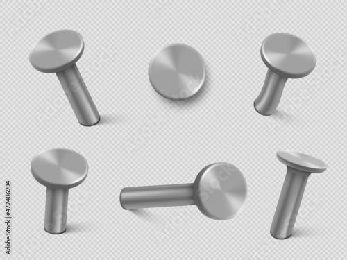 Nails hammered into wall, steel or silver pin heads. Realistic 3d vector