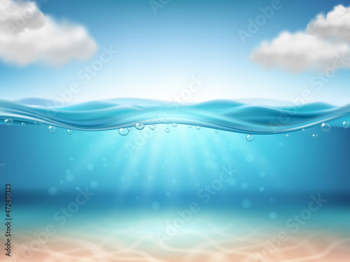 Realistic underwater background. Ocean water, sea under water level. Vector realistic illustration